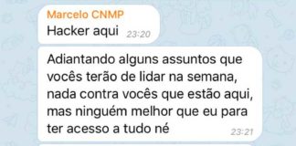 ‘Hacker aqui’, diz mensagem enviada a grupo de procuradores do CNMP Reprodução de troca de mensagens de hacker com procurador — Foto: Reprodução