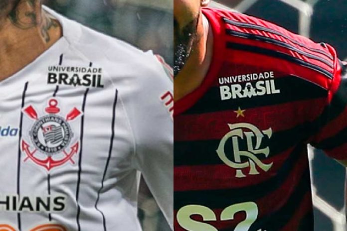 Logo da Universidade Brasil nas camisas do Corinthians e Flamengo (Danilo Fernandes/Folhapress e Buda Mendes/Getty Images/.)