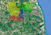 Terra treme cinco vezes em João Câmara, RN Mapa de localização epicentral. O epicentro está simbolizado pela estrela vermelha. O triângulo vermelho indica o local da estação de Riachuelo (RCBR). A linha vermelha indica o traço da Falha de Samambaia. As áreas dos municípios relacionados a essa falha estão em destaque — Foto: LabSis/UFRN