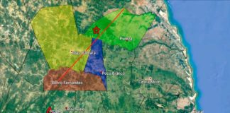 Terra treme cinco vezes em João Câmara, RN Mapa de localização epicentral. O epicentro está simbolizado pela estrela vermelha. O triângulo vermelho indica o local da estação de Riachuelo (RCBR). A linha vermelha indica o traço da Falha de Samambaia. As áreas dos municípios relacionados a essa falha estão em destaque — Foto: LabSis/UFRN