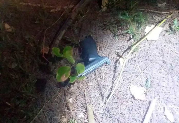 Arma de fogo foi encontrada perto do corpo de um homem vítima de homicídio na Via Costeira, em Natal. — Foto: Redes sociais