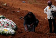 SP tem novo recorde de mortes por Covid-19, com 340 óbitos registrados em 24 horas Familiares durante enterro de vítima da Covid-19 em cemitério de São Paulo 04/06/2020 REUTERS/Amanda Perobelli