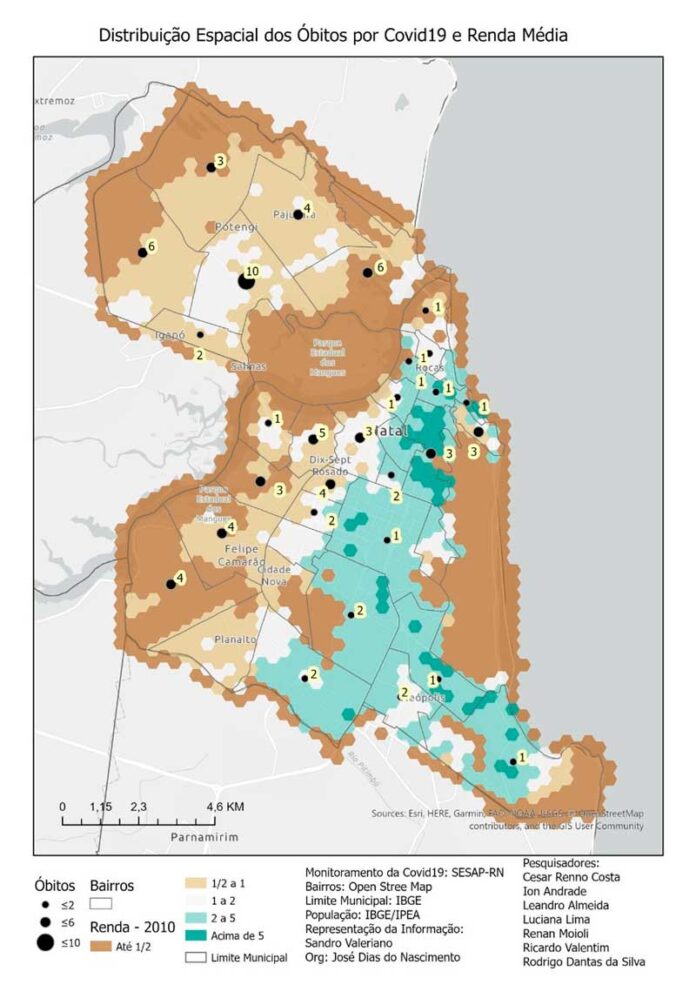 Mapa de Natal mostra em cores renda média da população. Números são de óbitos por Covid-19 — Foto: UFRN