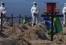 Brasil registra 843 novos óbitos e se torna o segundo país com mais mortes por Covid-19, indica consórcio de veículos de imprensa Ativistas da ONG Rio de Paz posam ao lado de cem buracos na areia da Praia de Copacabana, simbolizando sepulturas das vítimas da Covid-19 Foto: CARL DE SOUZA/AFP/11-6-2020