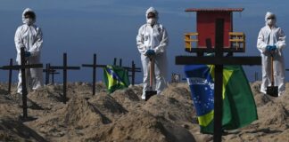 Brasil registra 843 novos óbitos e se torna o segundo país com mais mortes por Covid-19, indica consórcio de veículos de imprensa Ativistas da ONG Rio de Paz posam ao lado de cem buracos na areia da Praia de Copacabana, simbolizando sepulturas das vítimas da Covid-19 Foto: CARL DE SOUZA/AFP/11-6-2020